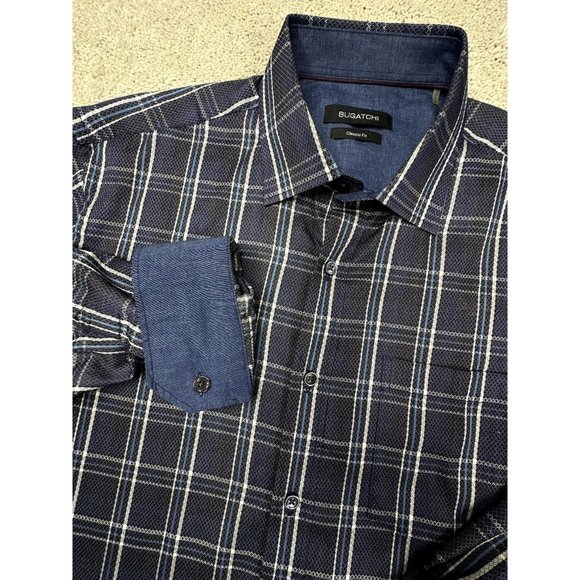 Bugatchi men's plaid long sleeve button down shirt blue and white Size Medium - Picture 2 of 7